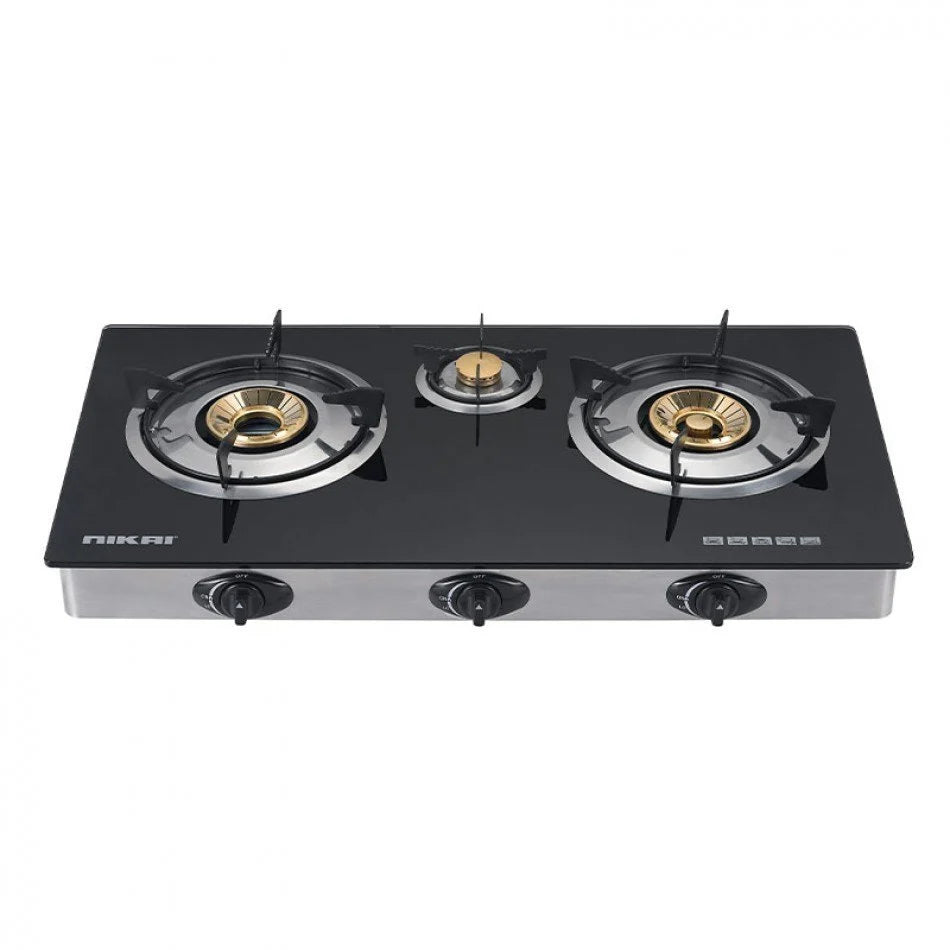 NIKAI 7mm Tempered Glass Panel Gas Cooker Triple Burner NG333G Glass Manual Gas Stove (3 Burners)
